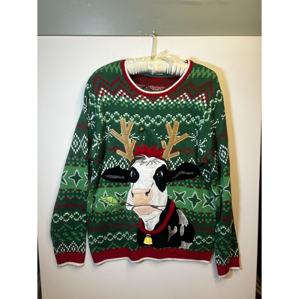 Holiday Time XL Ugly Christmas Sweater Cow Reindeer Bells Green Red Unisex Xmas - Picture 14 of 16